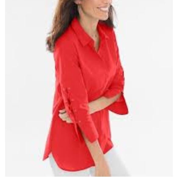 Chico's Red Lace Up 3/4 Sleeve Cotton Casual Career Button Top Womens 0 or Small - Picture 1 of 10